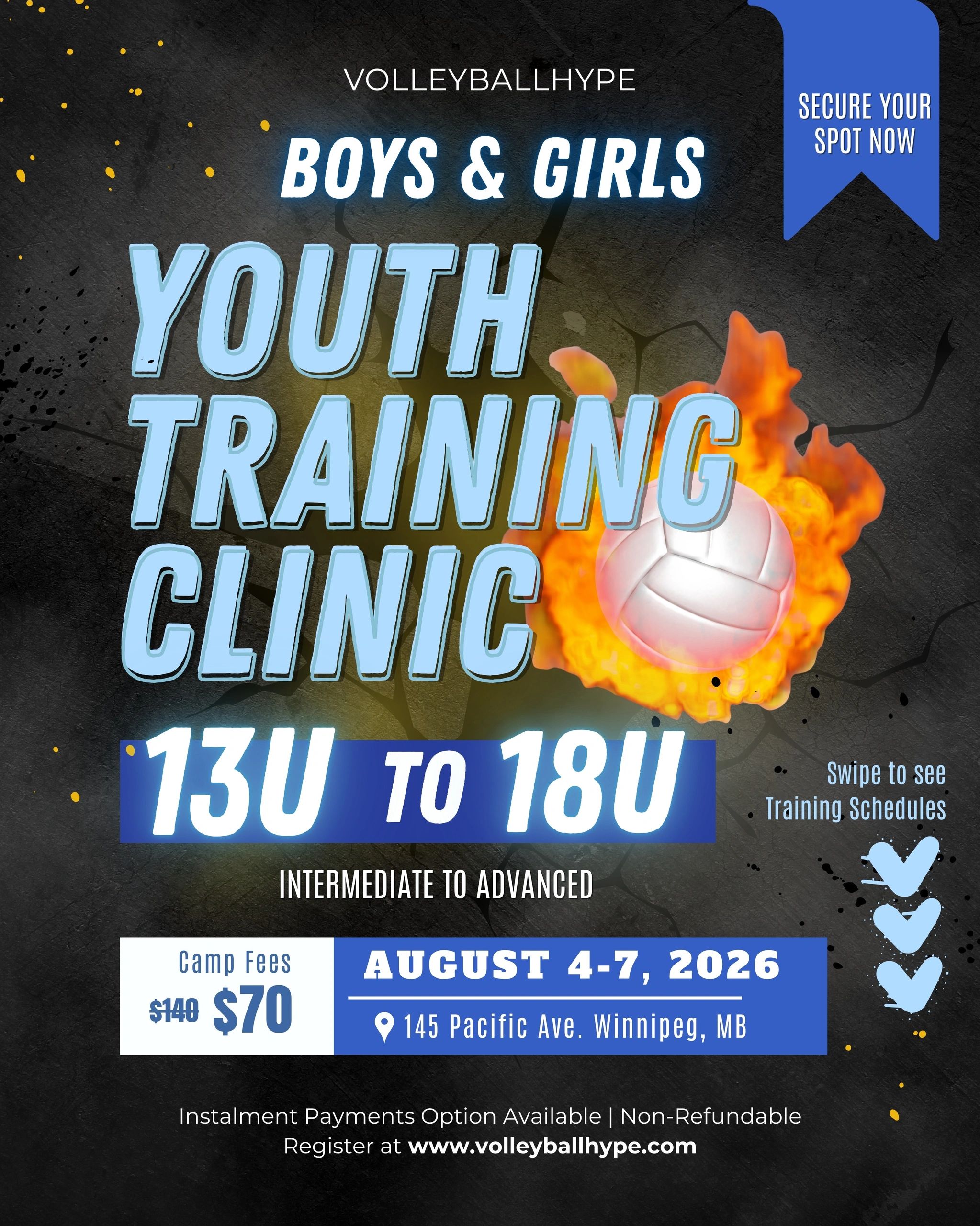 Volleyball youth training clinic for ages 13U to 18U from August 4-7, 2026 in Winnipeg.