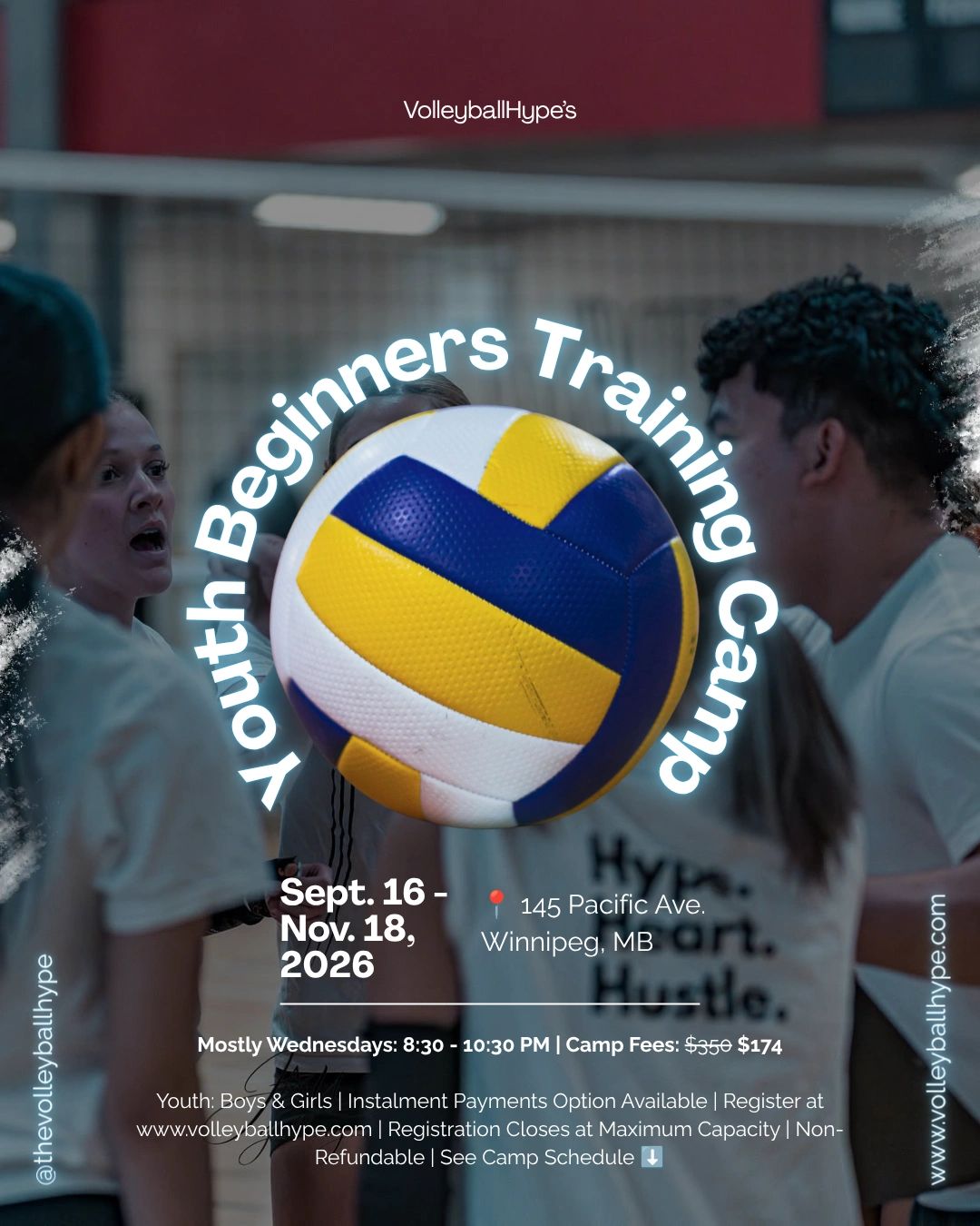 Youth Beginners Volleyball Training Camp flyer with dates and location.
