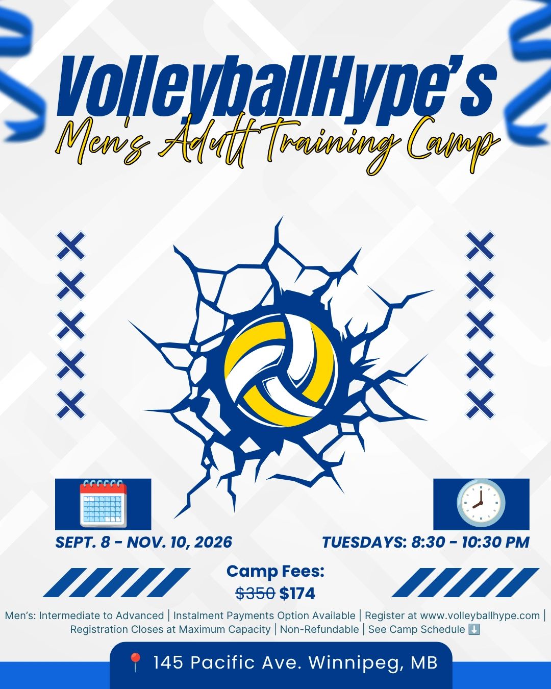 VolleyballHype's Men's Adult Training Camp details with dates and fees.