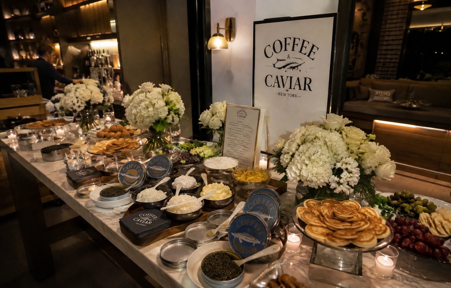 Elegant coffee and caviar buffet with flowers and candles.