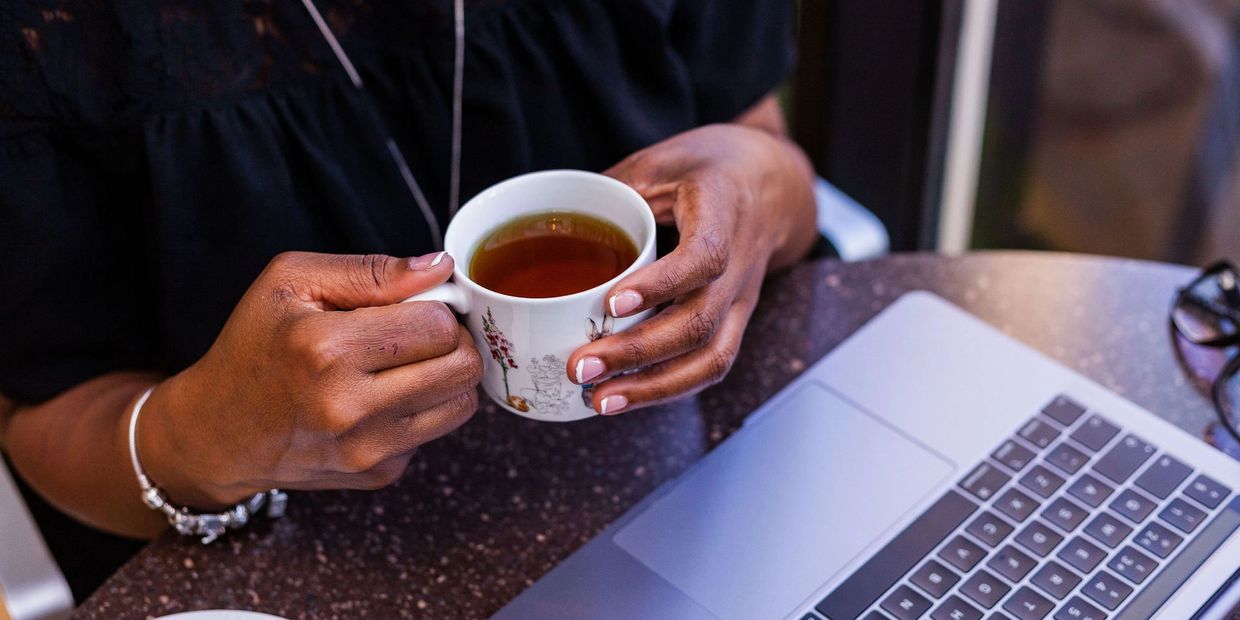 Cup of Peppermint Tea
French Manicure 
Pandora Bracelet
MacBook Pro
Black dress