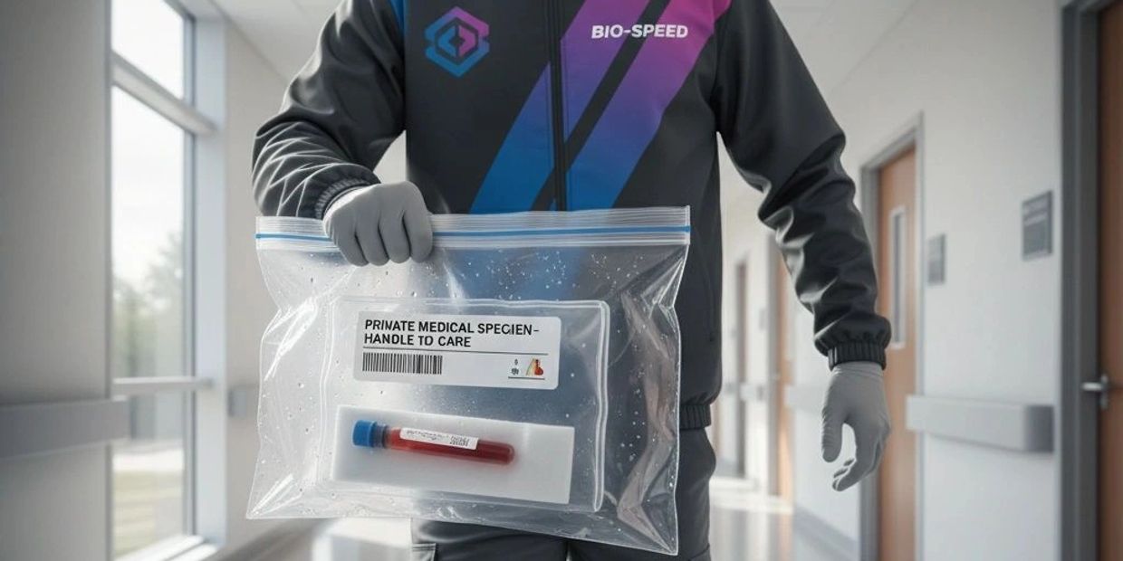 Person in protective gear holding a sealed bag with a medical specimen tube.
