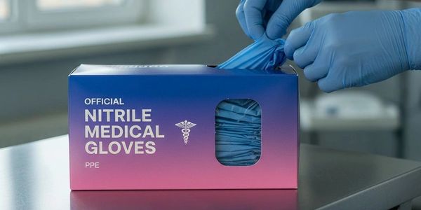 Hands wearing blue gloves pulling gloves from a nitrile glove box.
