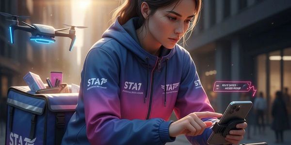 Focused delivery worker checking phone while waiting with drone nearby.