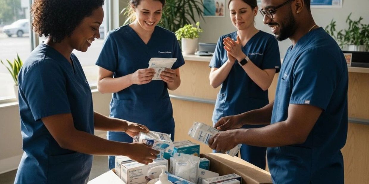 Healthcare workers in blue scrubs unpack medical supplies from a large box.