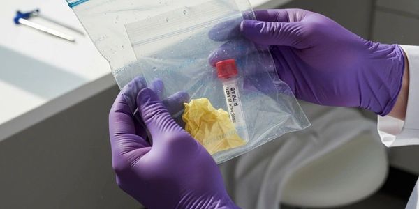 Person in purple gloves holding a sealed plastic bag with a vial and yellow gloves inside.
