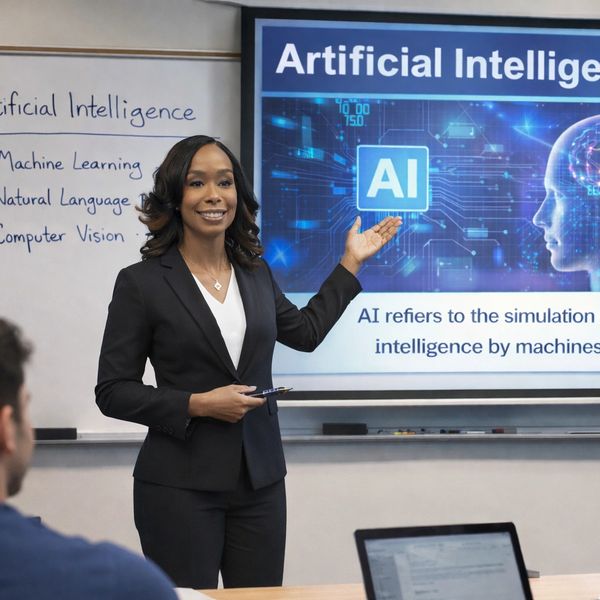 A woman teaching a class about Artificial Intelligence with a digital presentation and whiteboard notes.