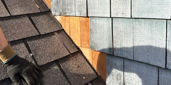 Hand wearing a glove inspecting a roof with old and new shingles.