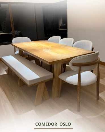 Modern dining set with wooden table, chairs, and bench in a cozy room.