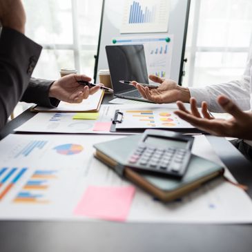 Business discussion over financial reports and data charts. Services and fees discussion.