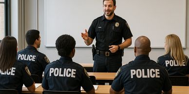 Police officers in training listening to an instructor in a classroom.