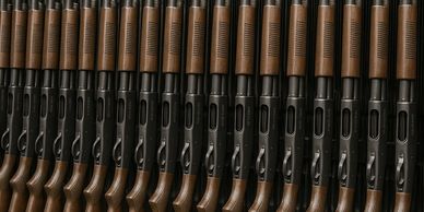 A row of shotguns with wooden stocks and black metal barrels.