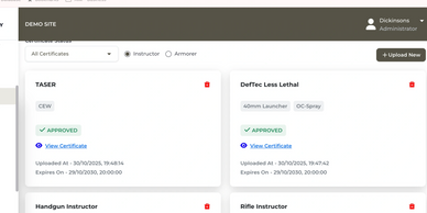 Dashboard showing approved certifications for TASER and DefTec Less Lethal weapons.