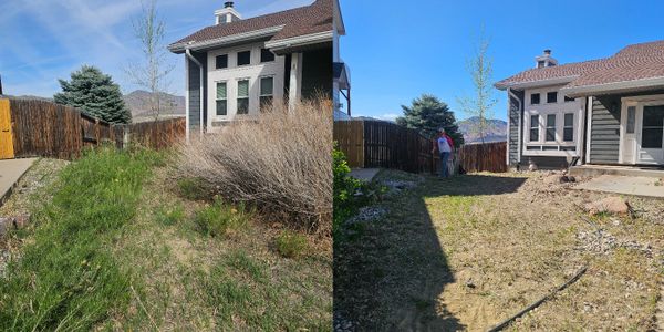Before and after images showing yard cleanup and landscaping near a house.