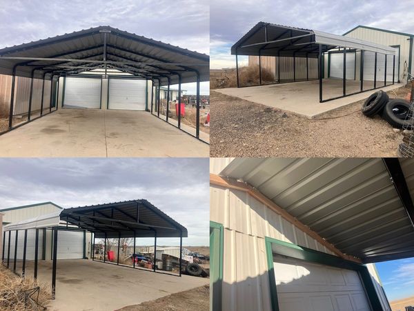 Metal carport with black frame and concrete floor from multiple angles.