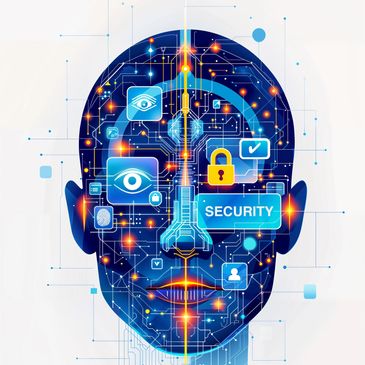 Digital face with security icons and circuits.