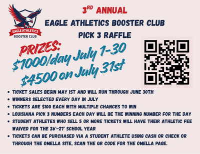 Flyer for Eagle Athletics Booster Club's Pick 3 Raffle with daily prizes and QR code.