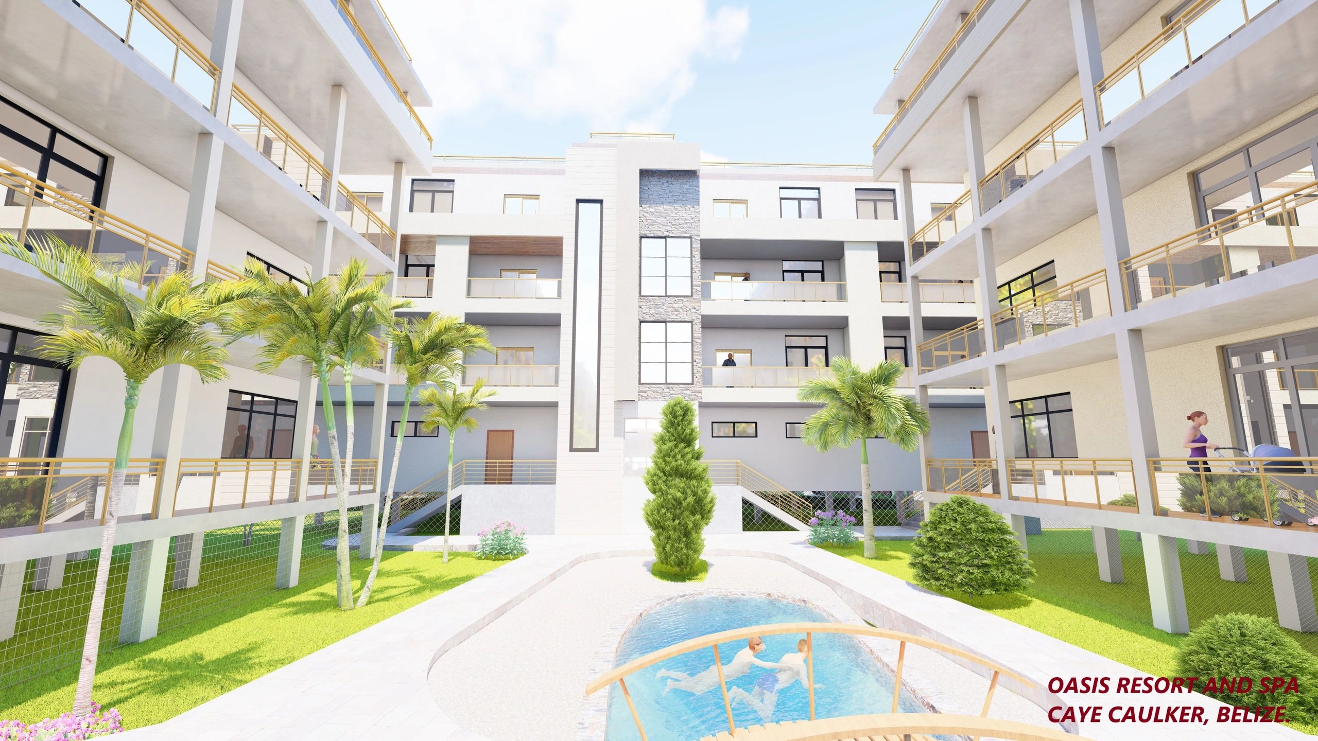 Modern resort with pool, palm trees, and balconies at Oasis Resort and Spa in Belize.