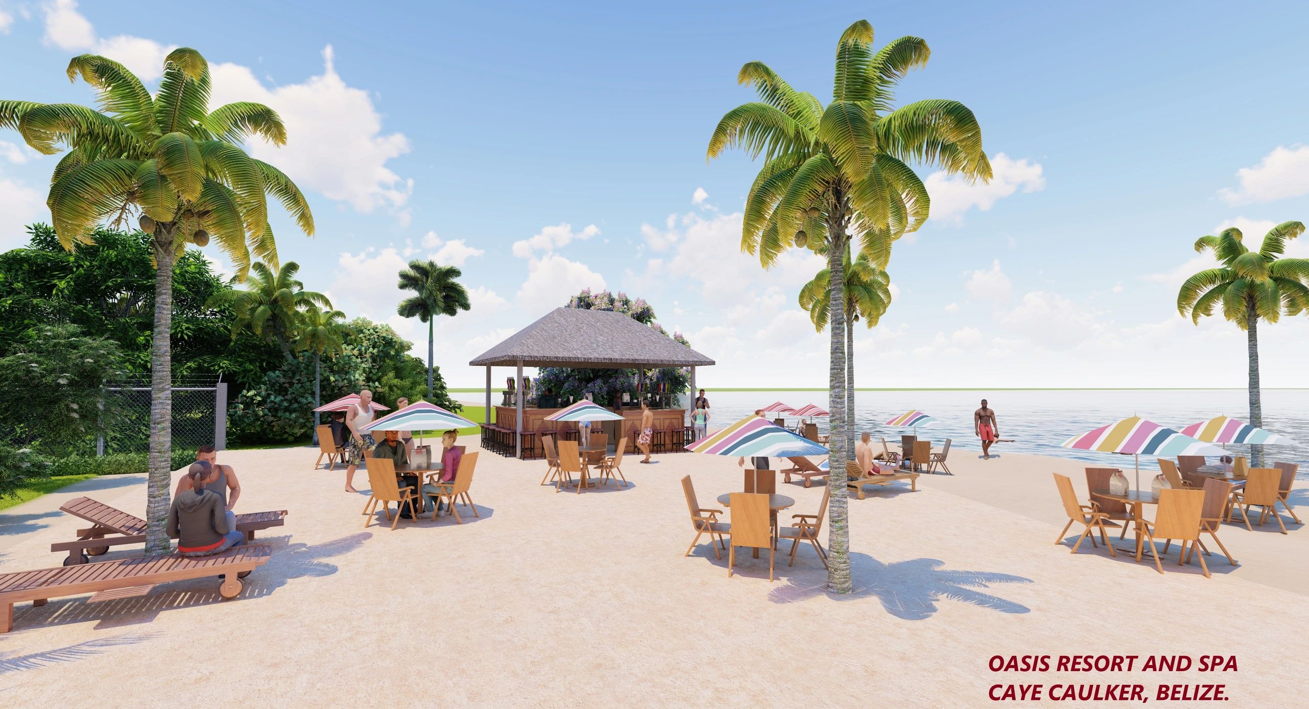 Beachside resort with palm trees, colorful umbrellas, and a tiki bar near the water.