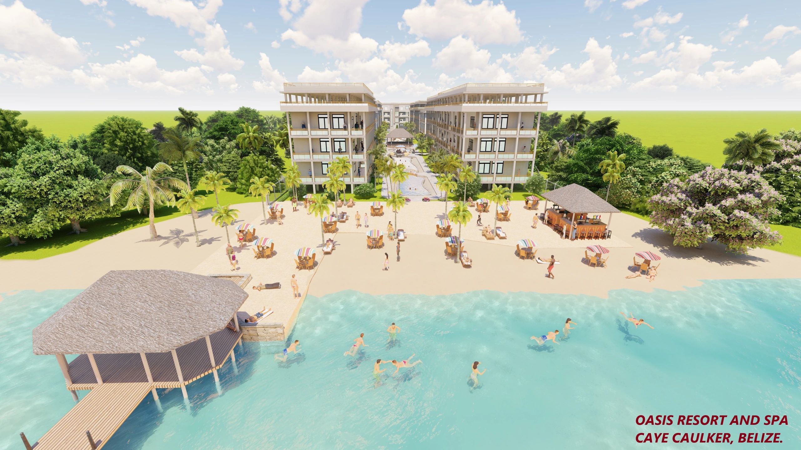 Beachfront resort with pool, palm trees, and people enjoying the water and sand.