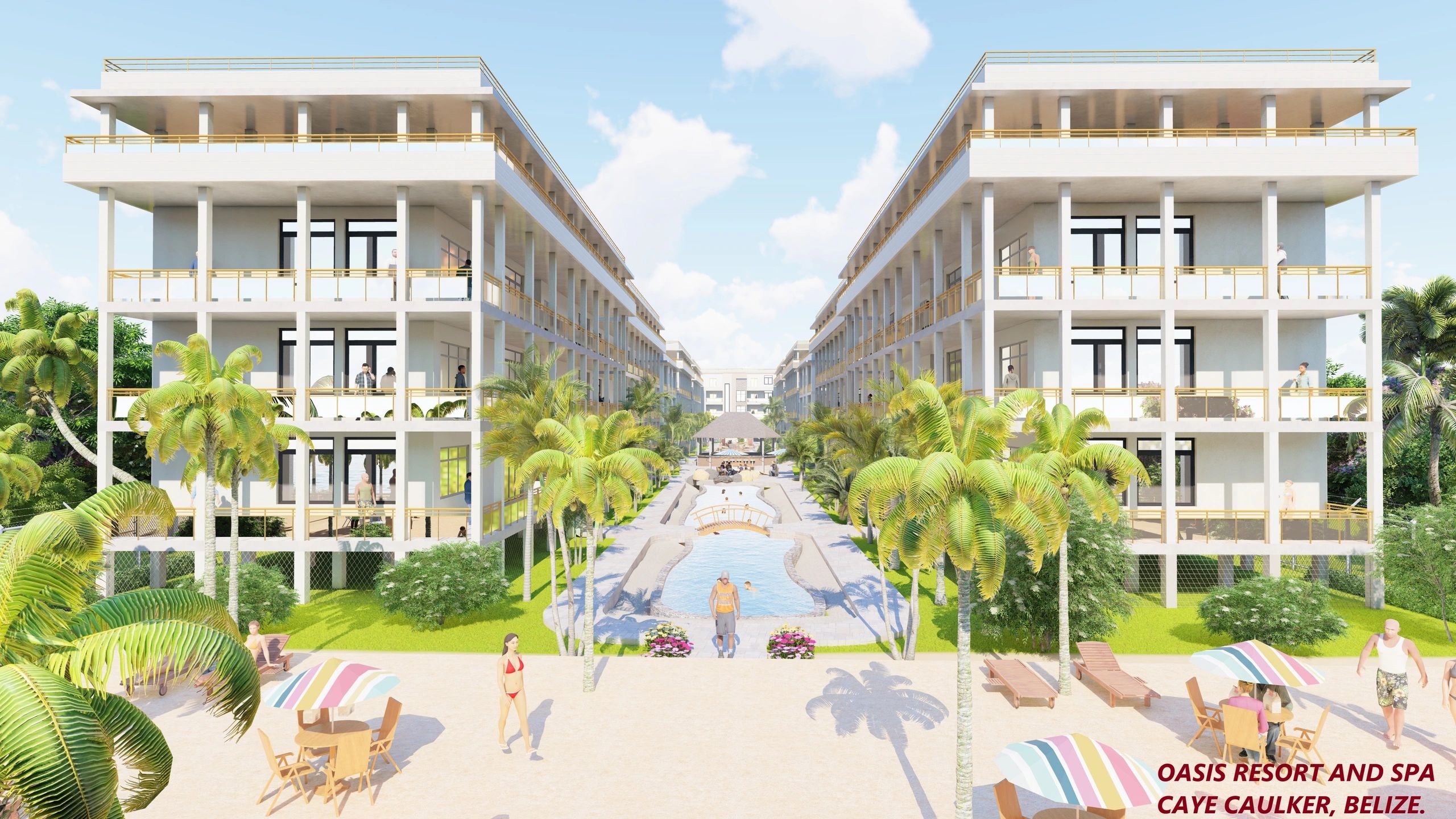 Modern resort buildings with a central pool and palm trees under a bright sky.
