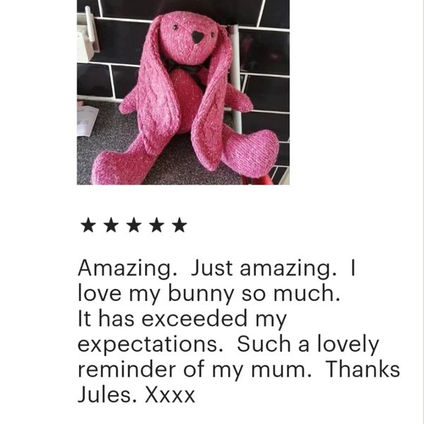 Pink handmade memory bunny  crafted from loved ones clothing with a 5 star customer review 