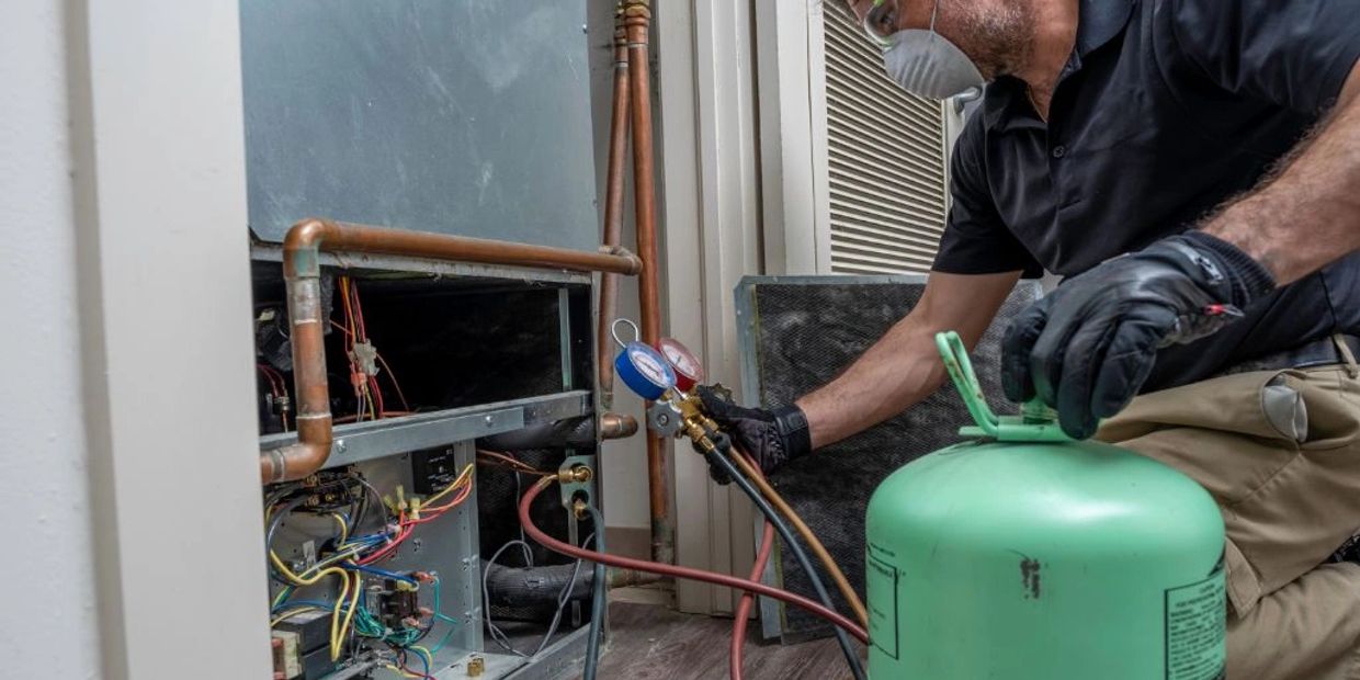 Technician servicing an HVAC system with gauges and refrigerant tank.