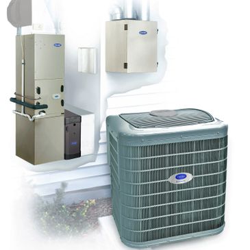 Carrier HVAC system components including air handler and outdoor condenser unit.