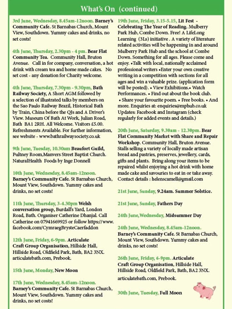 June community events include markets, cafes, festivals, and craft groups in Bath and Southdown.