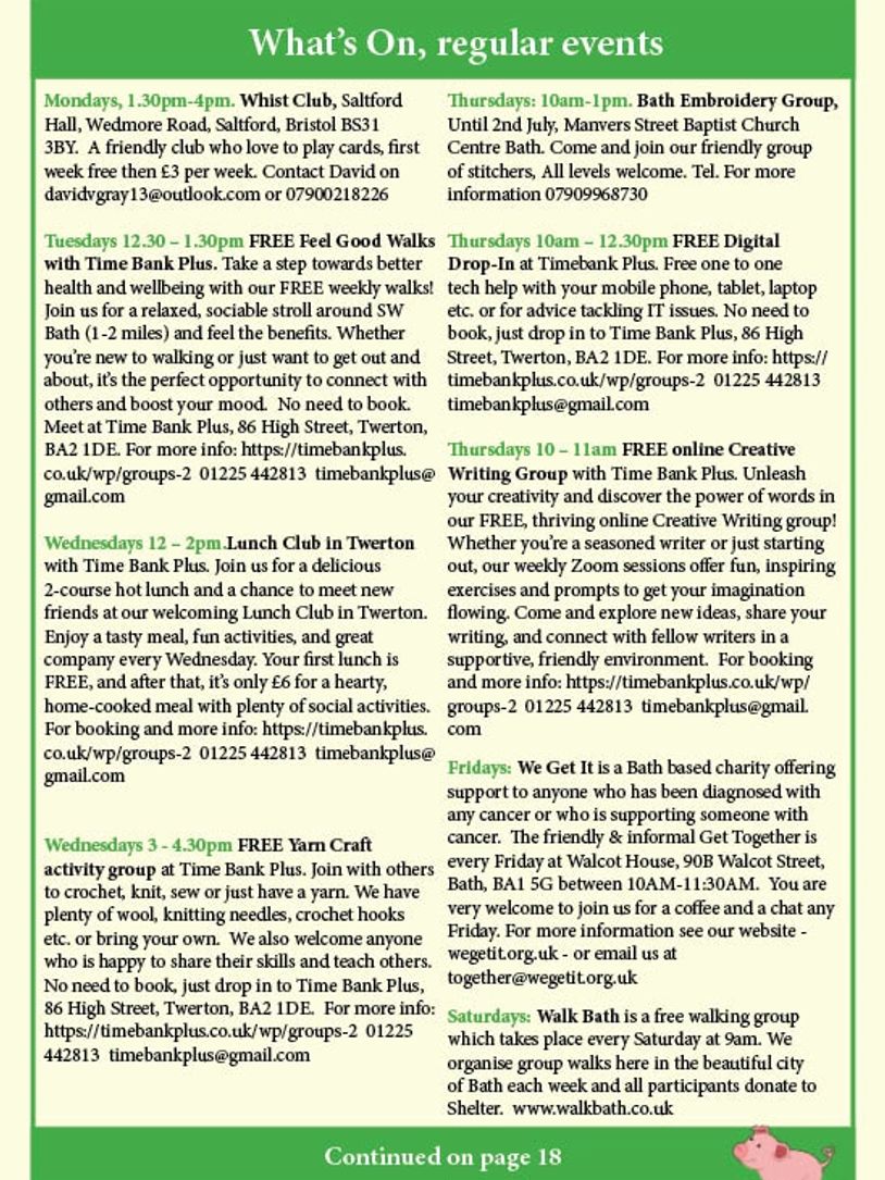 Schedule of regular community events including clubs, walks, and support groups in Bath and Saltford.