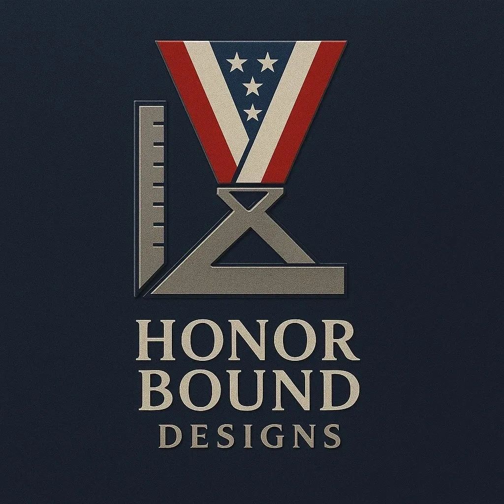 Logo with patriotic medal and ruler, reading 'Honor Bound Designs'.