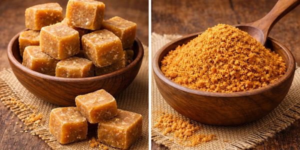 Brown jaggery cubes and powdered jaggery in wooden bowls.