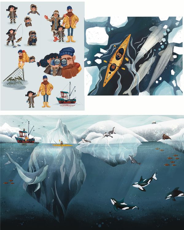 Illustrations of fishermen and Arctic wildlife scenes.