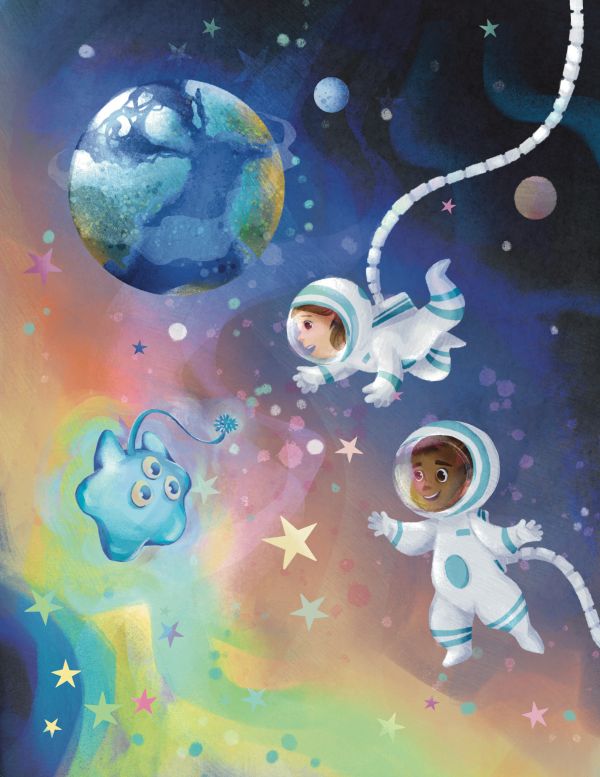 Two children astronauts meet a friendly alien in space.