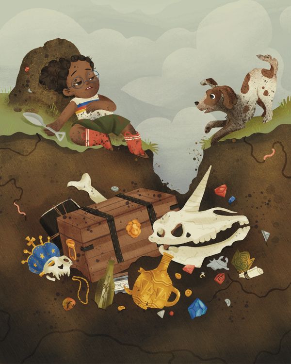 Child and dog discovering buried treasure and artifacts.