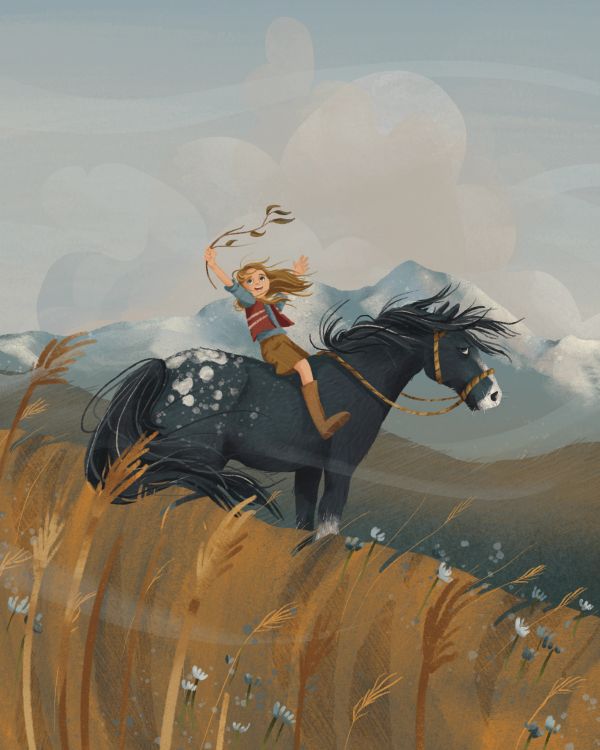 Child riding a black horse in a field.