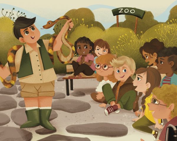 A zoo guide shows a snake to attentive kids.