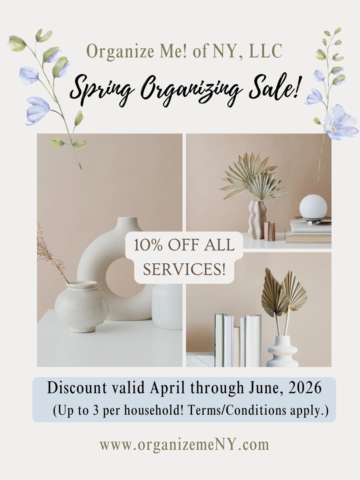 Spring organizing sale with 10% off all services at Organize Me! of NY, LLC, valid April to June 2026.