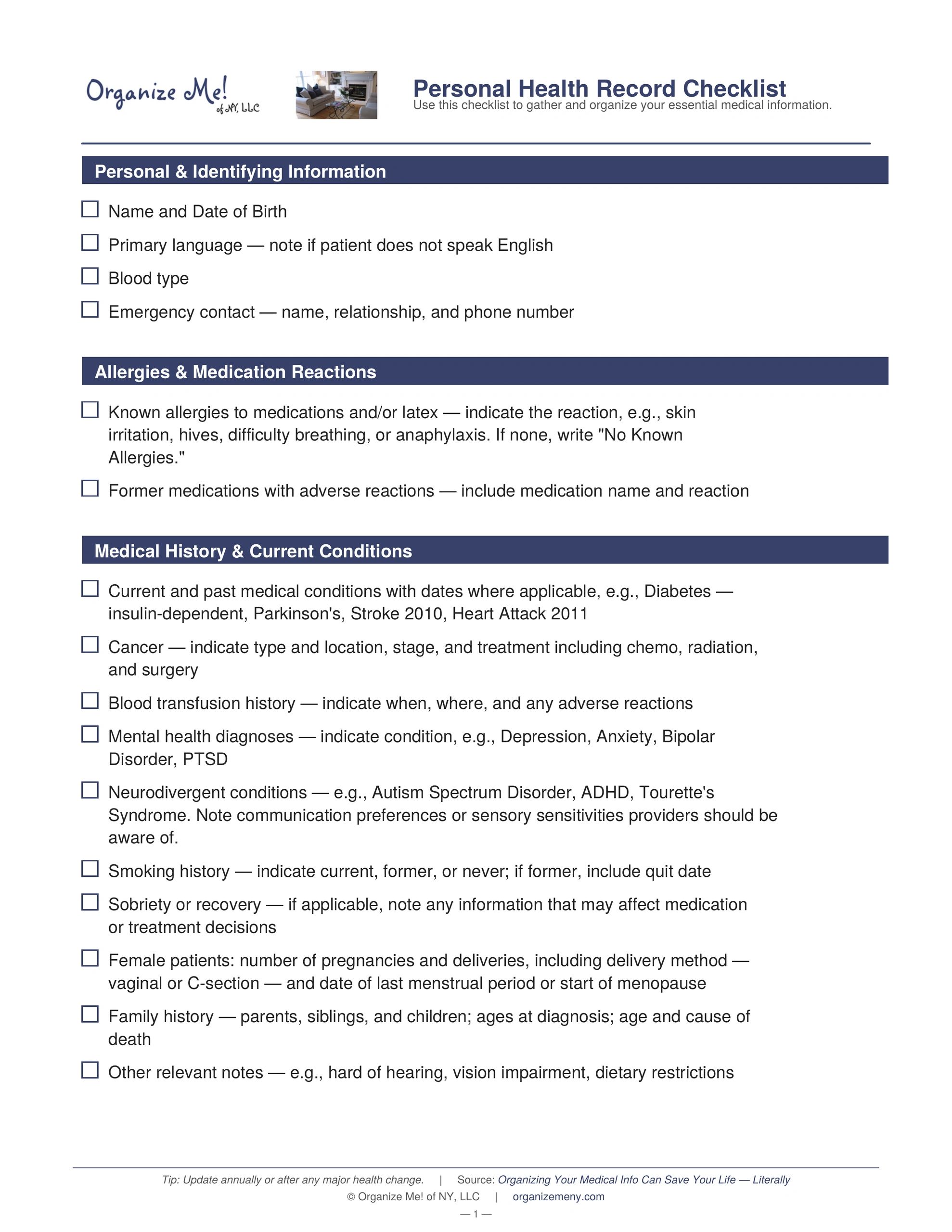 Page 1 of Organize Me! of NY's  2-page checklist for creating a personal health record. 