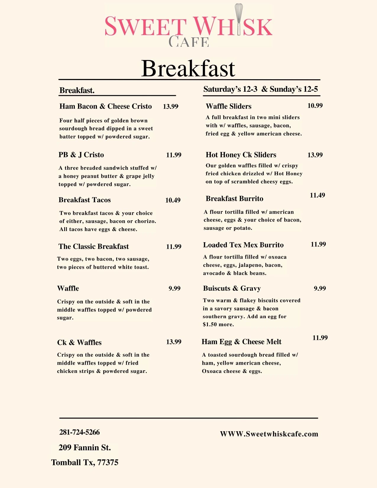 Sweet Whisk Cafe breakfast menu with diverse dishes and prices.