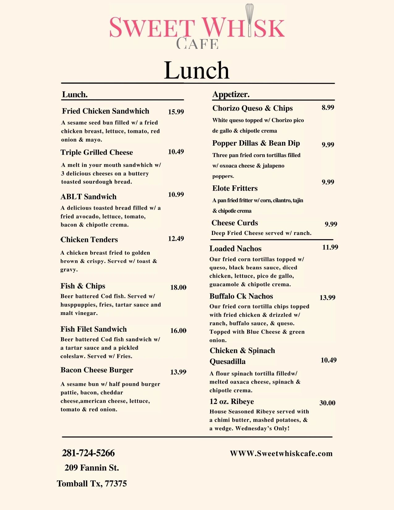 Lunch menu with sandwiches, appetizers, and specialty dishes.
