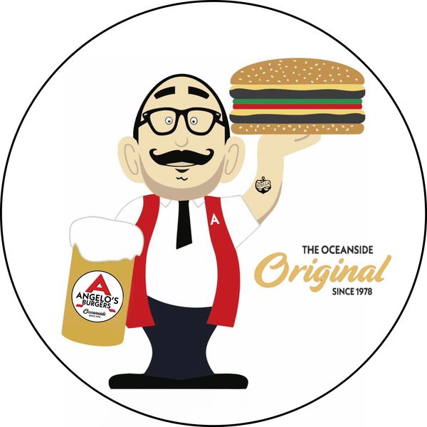 Cartoon man holding a burger and beer for Angelo's Burgers, established 1978.