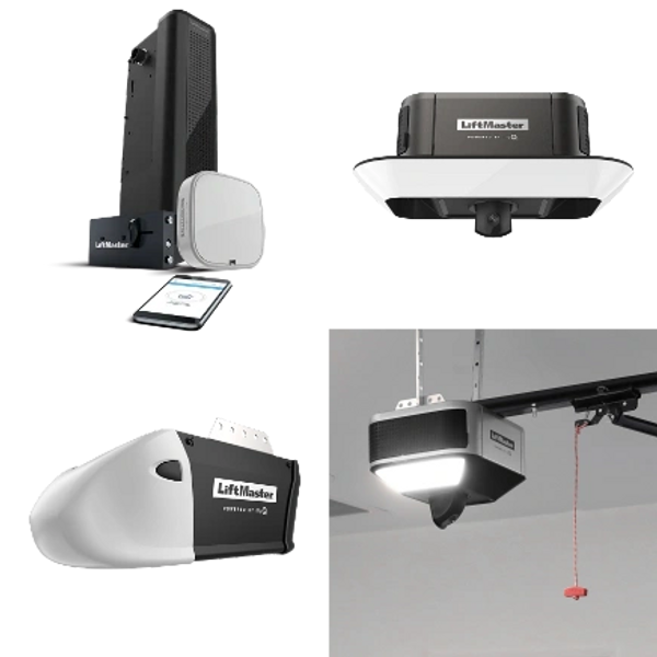 Various models of LiftMaster garage door openers shown from different angles.