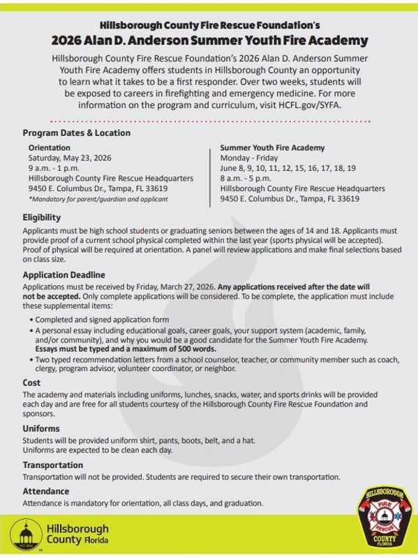 Flyer for Hillsborough County Fire Rescue's 2026 Alan D. Anderson Summer Youth Fire Academy.