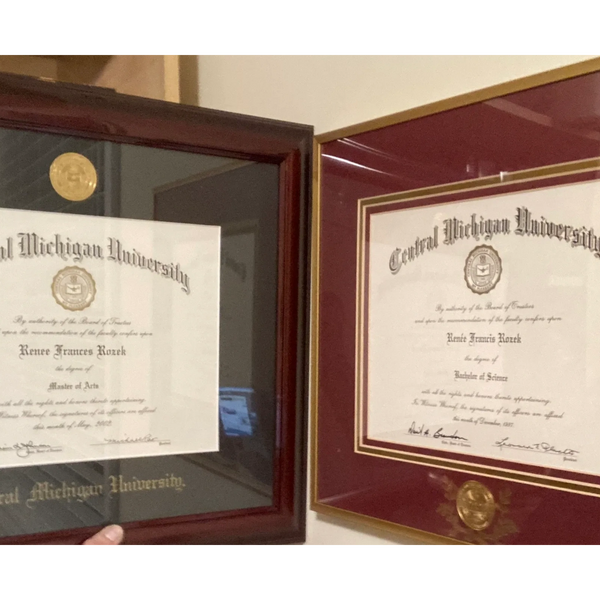 Renee F. Rozek's Master's degree in I/O psychology pictured next to her Bachelor's both from CMU.