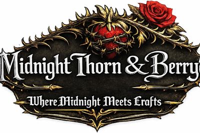 Logo for Midnight Thorn &amp; Berry with a thorny heart and red rose.