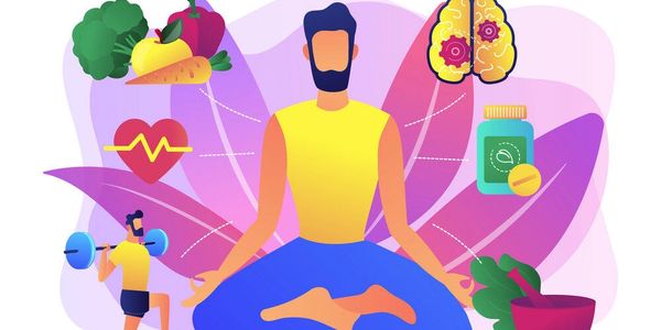 Illustration of a man meditating surrounded by health symbols.
