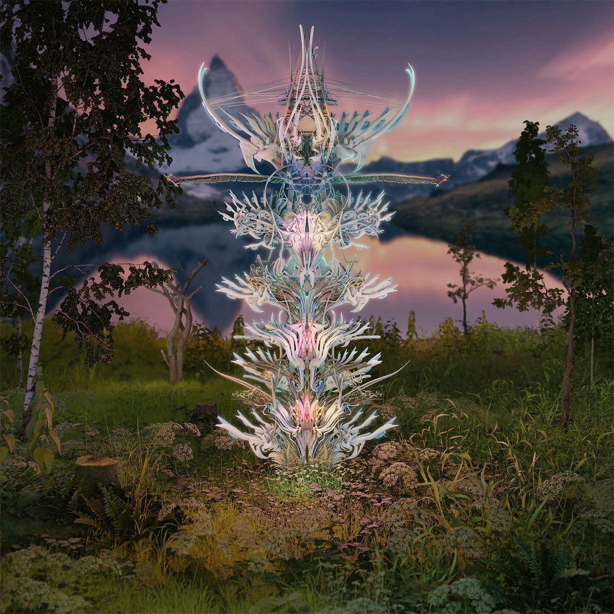  The band Primal Wound's album Horizon link. A crystalline ethereal structure in a beautiful sunrise