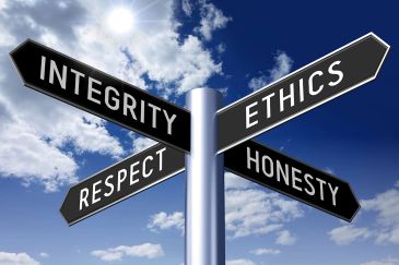 Signpost with words Integrity, Ethics, Respect, and Honesty.