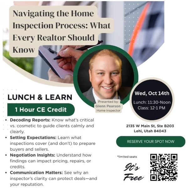 Lunch &amp; Learn on home inspection process with Glenn Pearson, offering 1 CE credit.